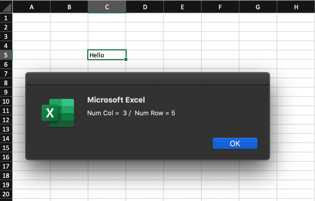 Number of column and row for a text in a cell