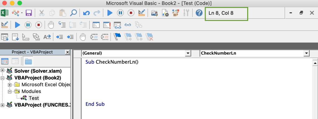 Number of the line and column with VBA